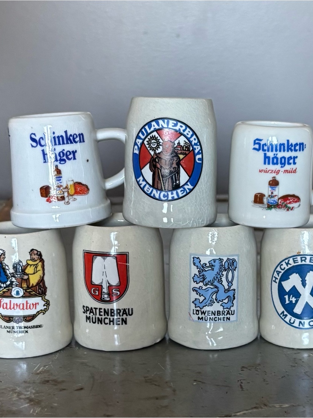 5 Munich Ceramic Beer Steins & 2 Schinkenhäger ceramic shot glasses